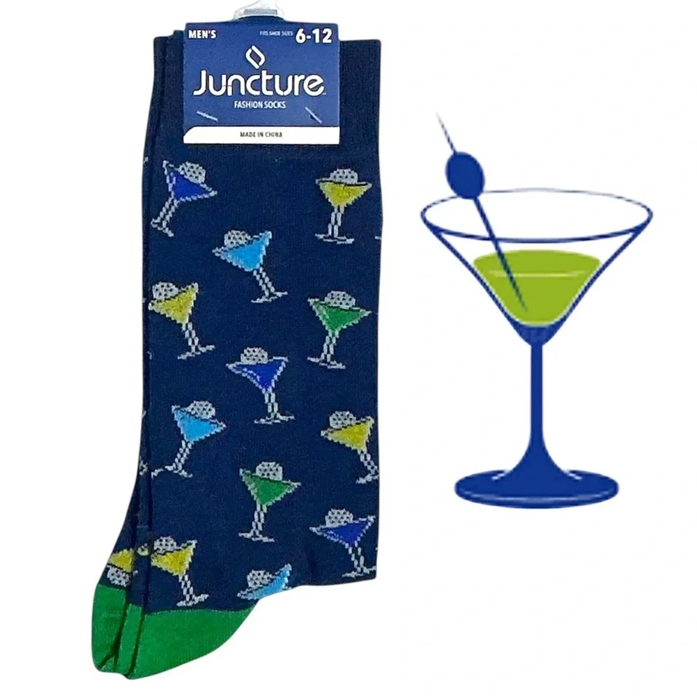 Martini Cocktail Socks Fun Novelty Print One Size Unisex Men 6-12 Blue Green